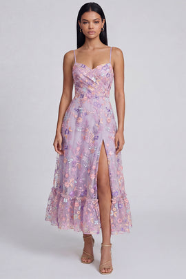 Lilac Floral Spaghetti Straps A Line Maxi Wedding Guest Dress with Slit