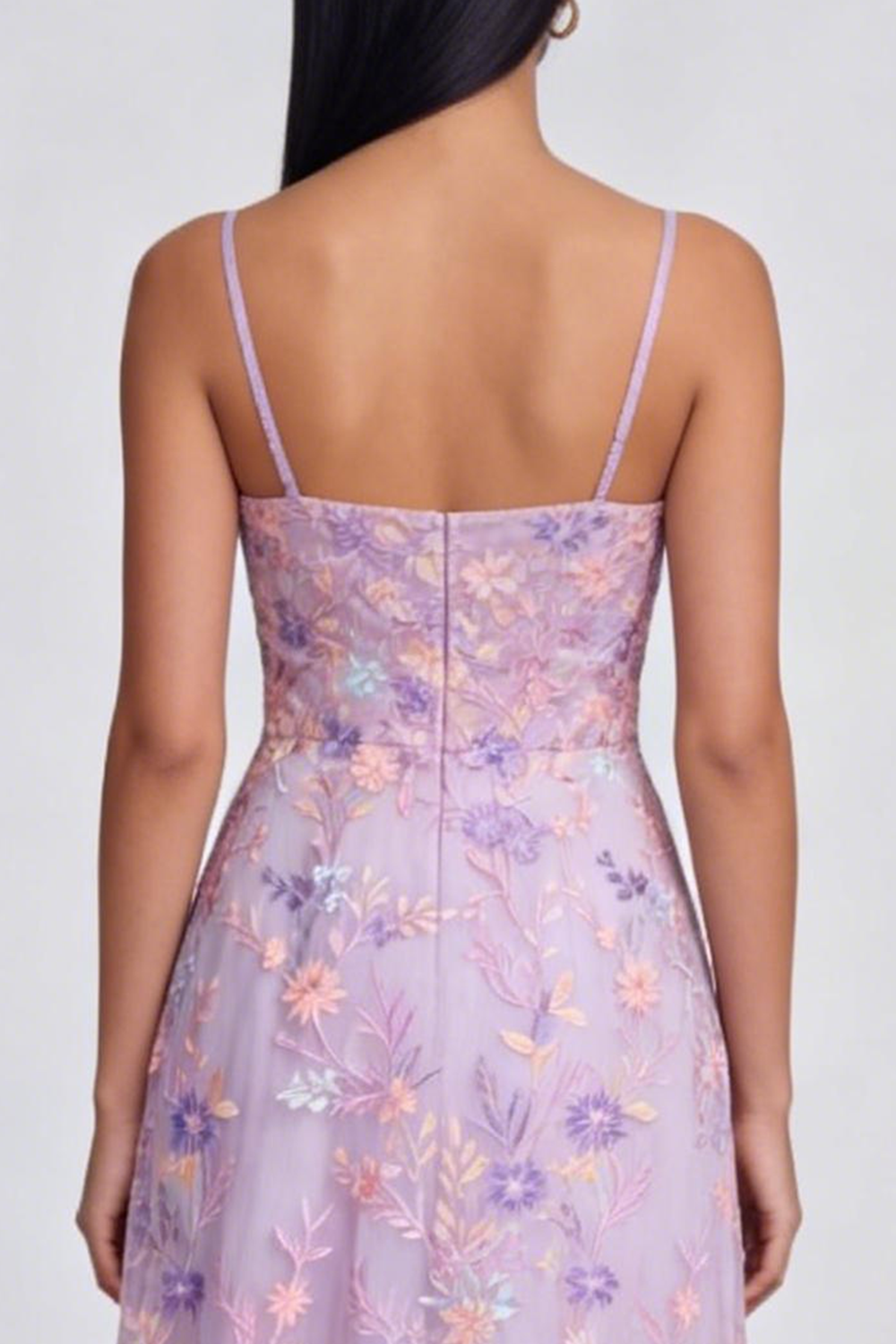 Lilac Floral Spaghetti Straps A Line Maxi Wedding Guest Dress with Slit