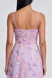 Lilac Floral Spaghetti Straps A Line Maxi Wedding Guest Dress with Slit