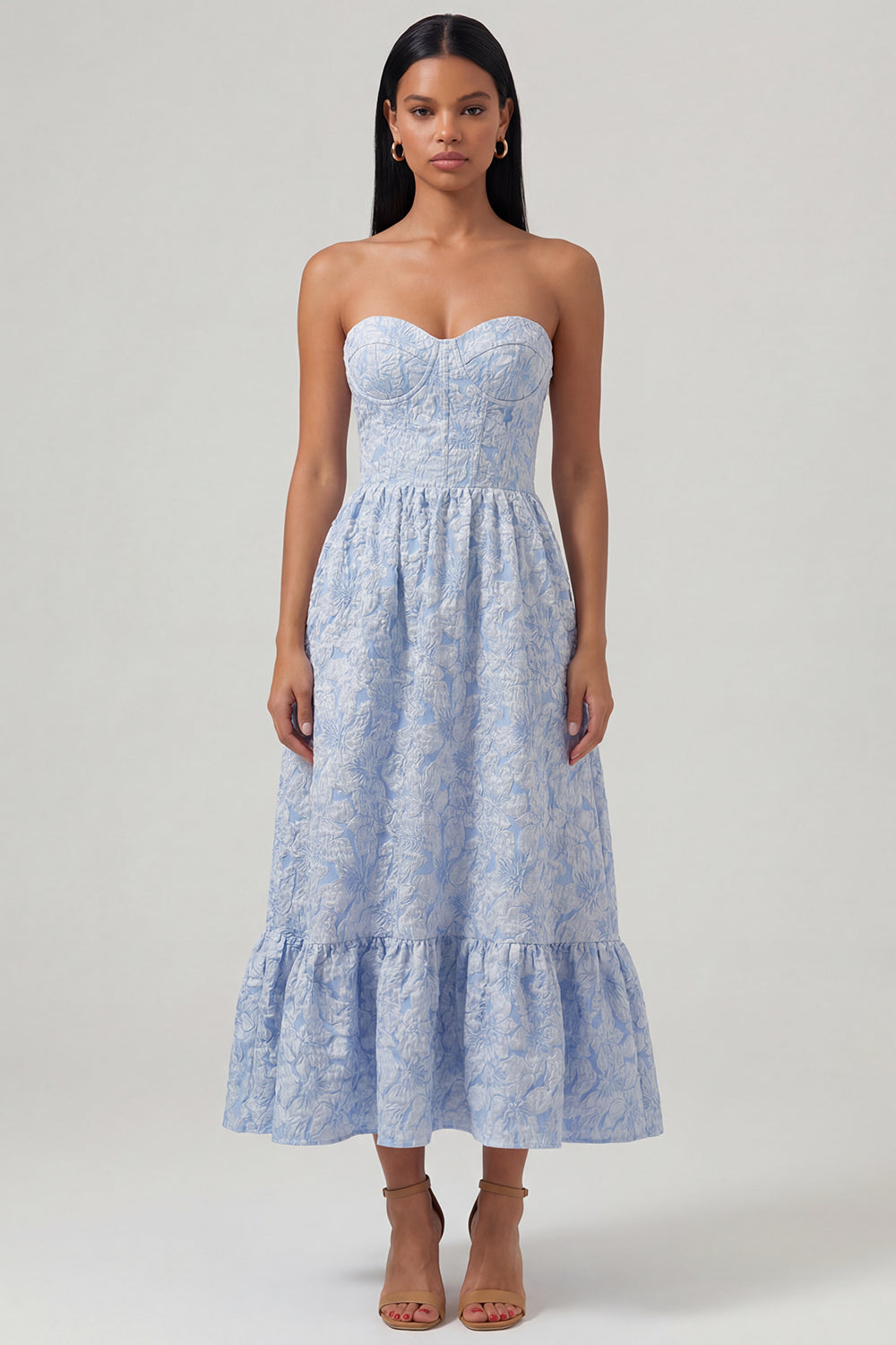 Sweetheart A Line Blue Floral Corset Maxi Wedding Guest Dress with Ruffles