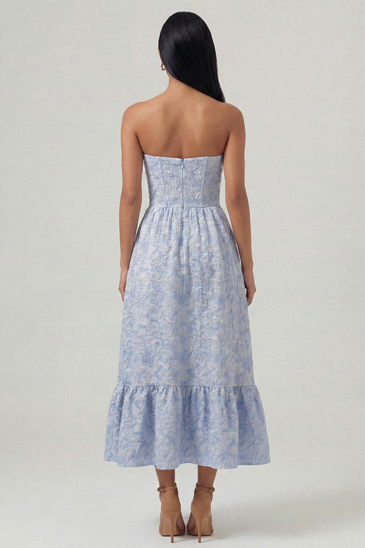 Sweetheart A Line Blue Floral Corset Maxi Wedding Guest Dress with Ruffles
