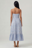 Sweetheart A Line Blue Floral Corset Maxi Wedding Guest Dress with Ruffles
