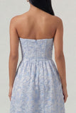 Sweetheart A Line Blue Floral Corset Maxi Wedding Guest Dress with Ruffles