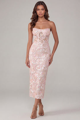 Sparkly Pink Floral Corset Strapless Lace Maxi Wedding Guest Dress