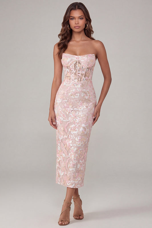 Sparkly Pink Floral Corset Strapless Lace Maxi Wedding Guest Dress