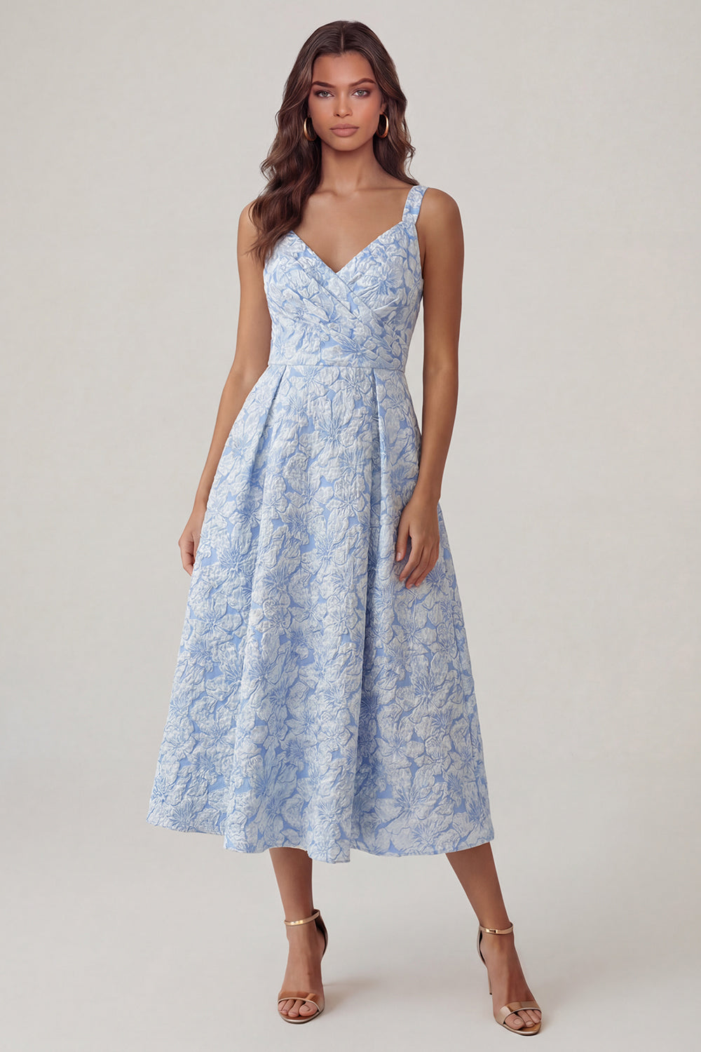 Blue Floral Thick Straps A Line Ruched Maxi Wedding Guest Dress