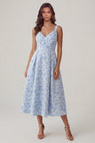 Blue Floral Thick Straps A Line Ruched Maxi Wedding Guest Dress