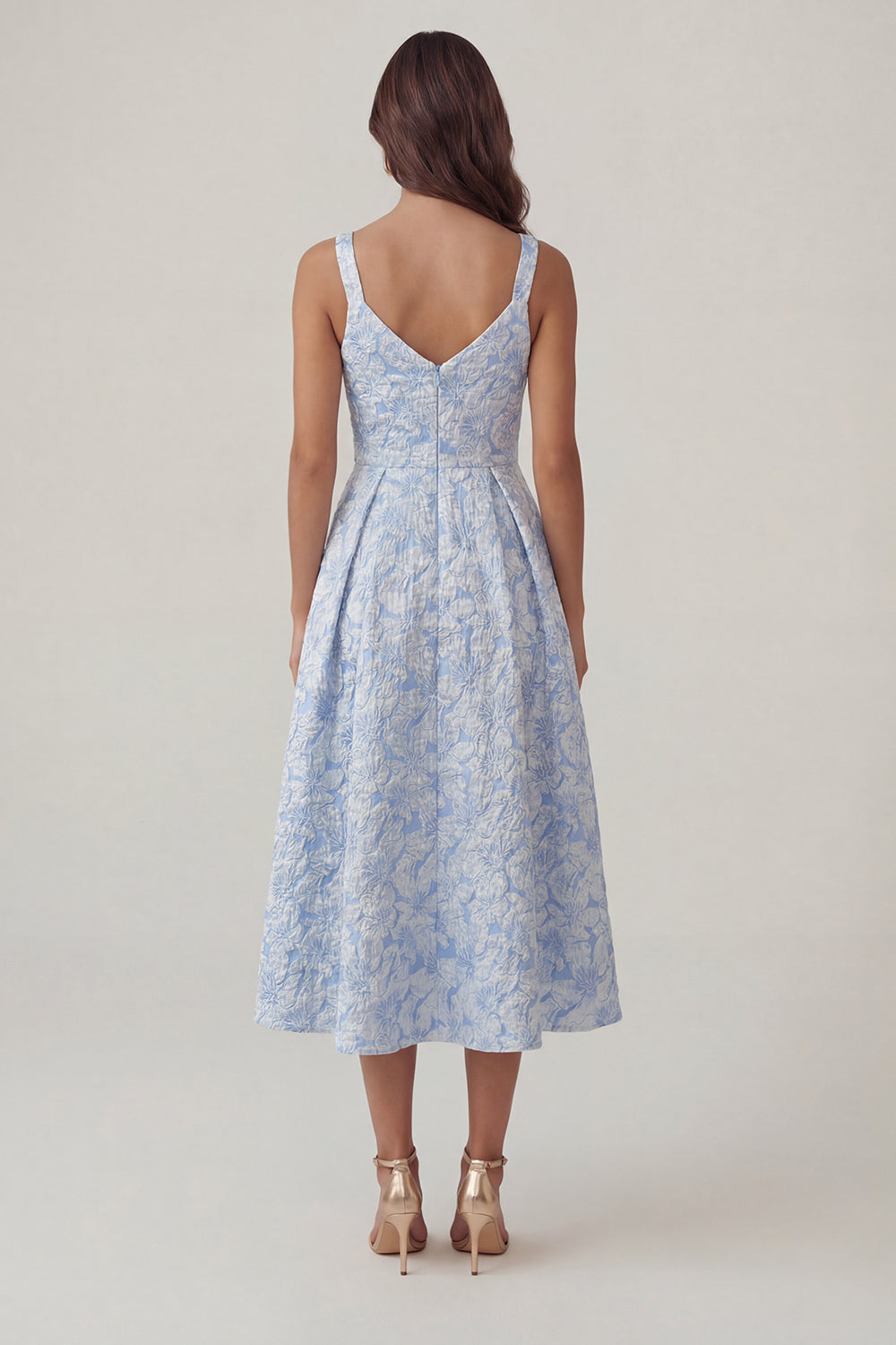 Blue Floral Thick Straps A Line Ruched Maxi Wedding Guest Dress