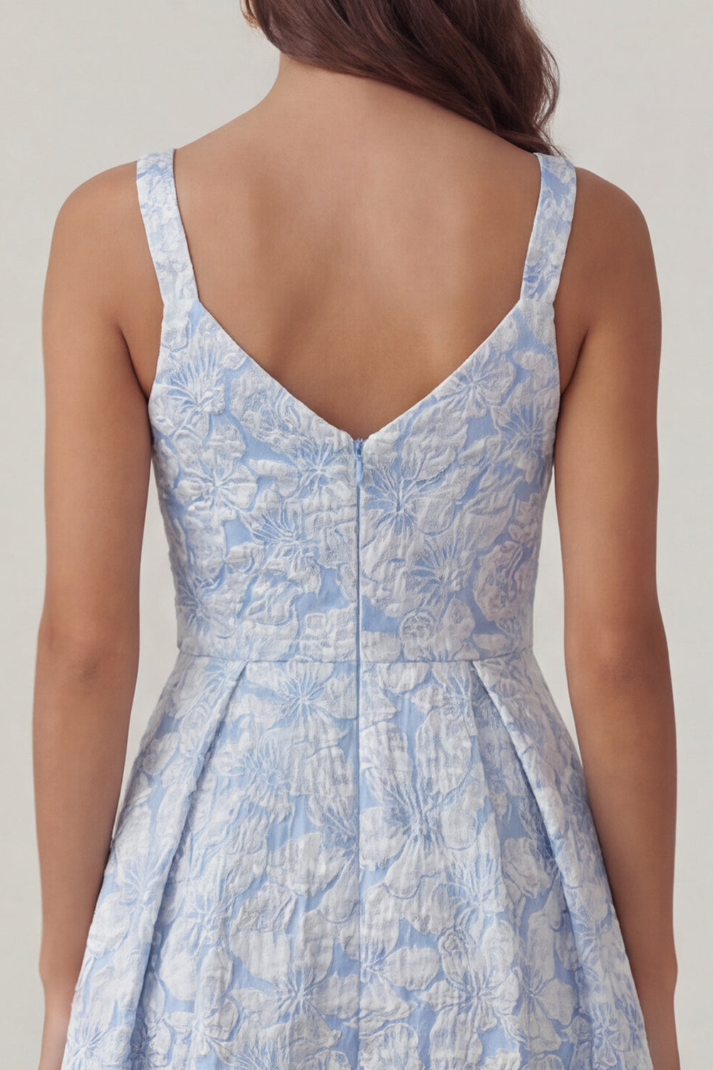 Blue Floral Thick Straps A Line Ruched Maxi Wedding Guest Dress