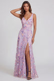 Lilac Floral V-Neck Mermaid Maxi Wedding Guest Dress with Slit