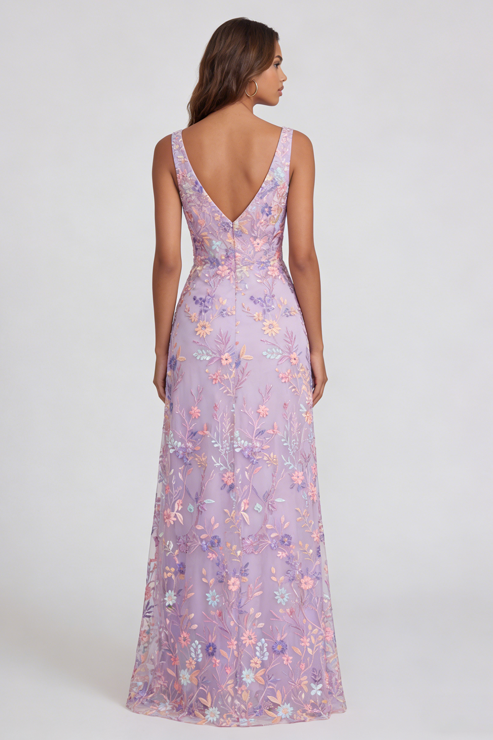 Lilac Floral V-Neck Mermaid Maxi Wedding Guest Dress with Slit