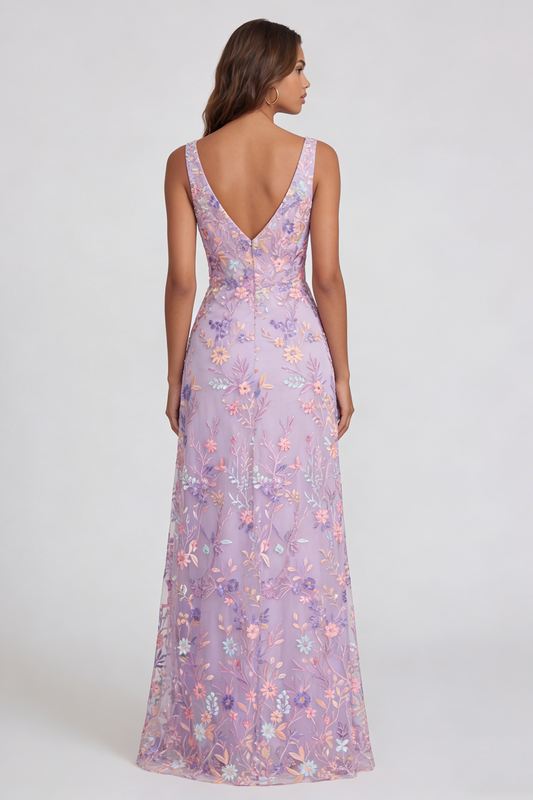 Lilac Floral V-Neck Mermaid Maxi Wedding Guest Dress with Slit