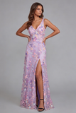 Lilac Floral V-Neck Mermaid Maxi Wedding Guest Dress with Slit