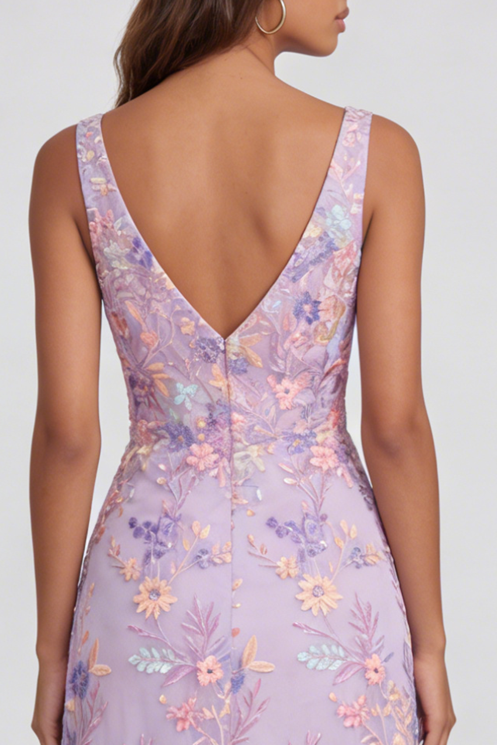 Lilac Floral V-Neck Mermaid Maxi Wedding Guest Dress with Slit