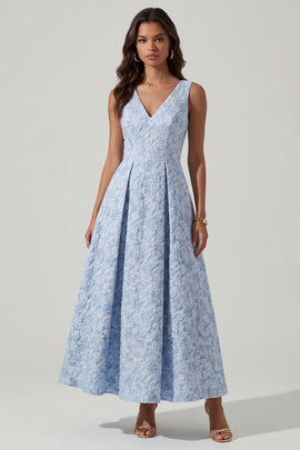 V-Neck A Line Ruched Blue Floral Maxi Wedding Guest Dress