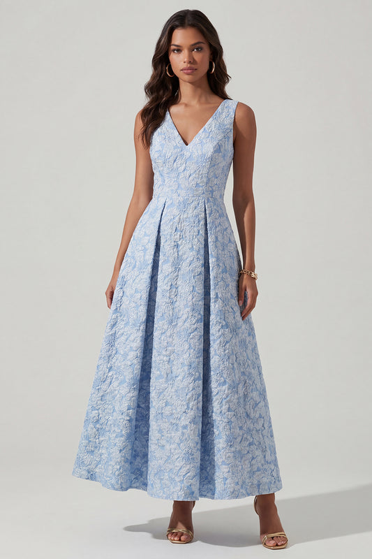 V-Neck A Line Ruched Blue Floral Maxi Wedding Guest Dress