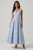 V-Neck A Line Ruched Blue Floral Maxi Wedding Guest Dress