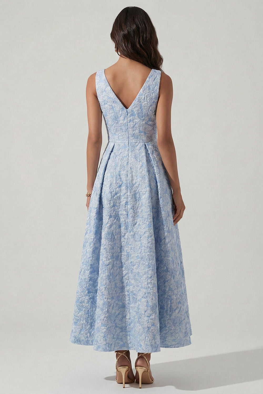 V-Neck A Line Ruched Blue Floral Maxi Wedding Guest Dress