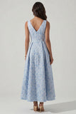 V-Neck A Line Ruched Blue Floral Maxi Wedding Guest Dress