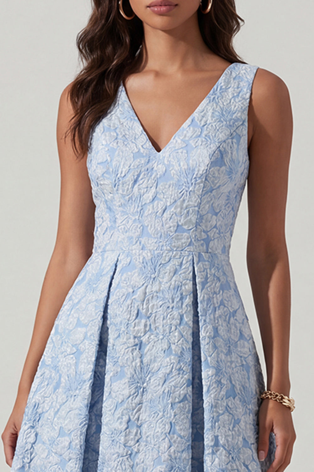 V-Neck A Line Ruched Blue Floral Maxi Wedding Guest Dress