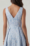 V-Neck A Line Ruched Blue Floral Maxi Wedding Guest Dress