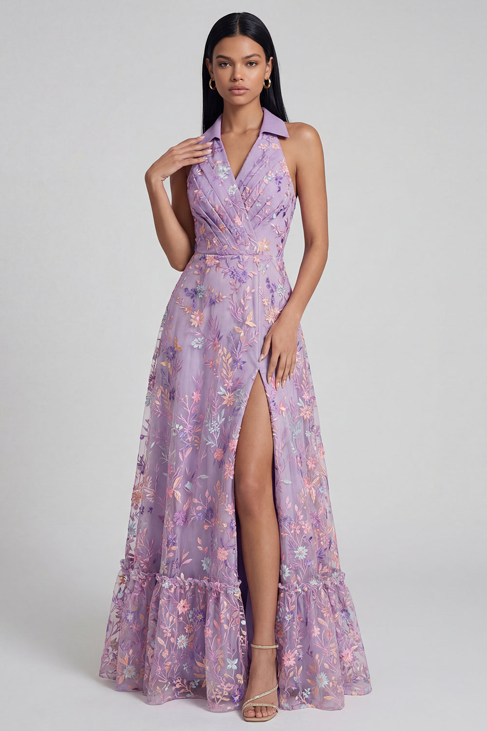 Lilac Floral Shirt Collar A Line Ruched Maxi Wedding Guest Dress with Slit