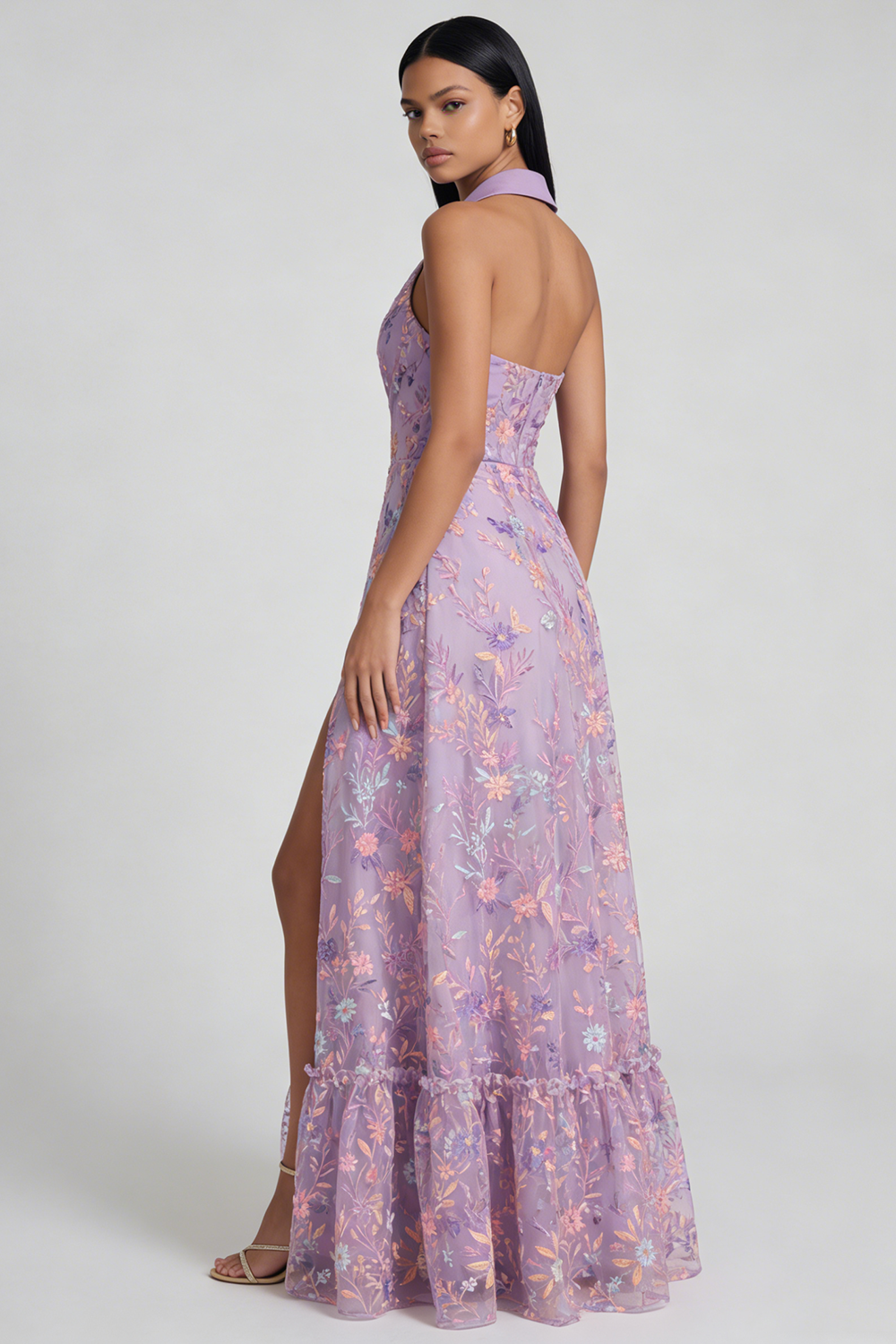 Lilac Floral Shirt Collar A Line Ruched Maxi Wedding Guest Dress with Slit