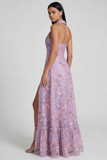 Lilac Floral Shirt Collar A Line Ruched Maxi Wedding Guest Dress with Slit