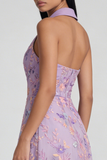Lilac Floral Shirt Collar A Line Ruched Maxi Wedding Guest Dress with Slit