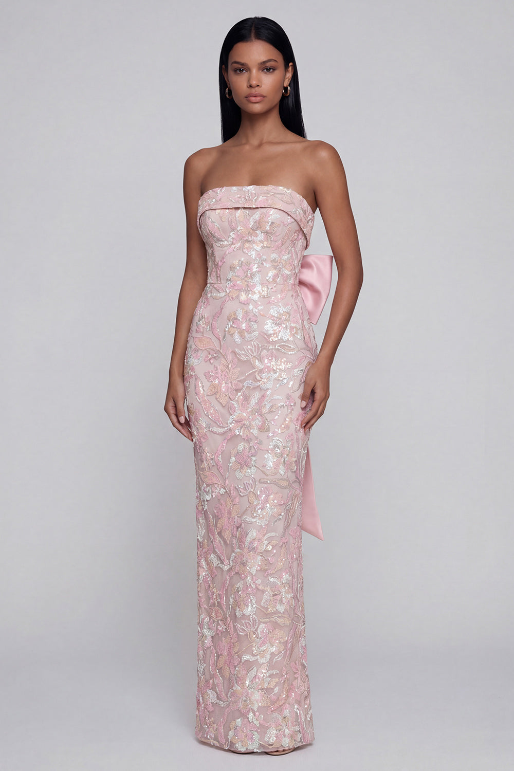 Sparkly Pink Floral Strapless Mermaid Maxi Wedding Guest Dress with Bow