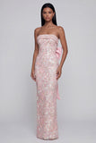 Sparkly Pink Floral Strapless Mermaid Maxi Wedding Guest Dress with Bow