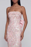 Sparkly Pink Floral Strapless Mermaid Maxi Wedding Guest Dress with Bow