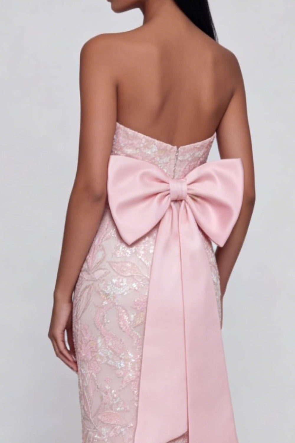 Sparkly Pink Floral Strapless Mermaid Maxi Wedding Guest Dress with Bow