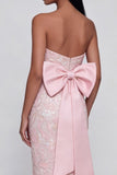 Sparkly Pink Floral Strapless Mermaid Maxi Wedding Guest Dress with Bow