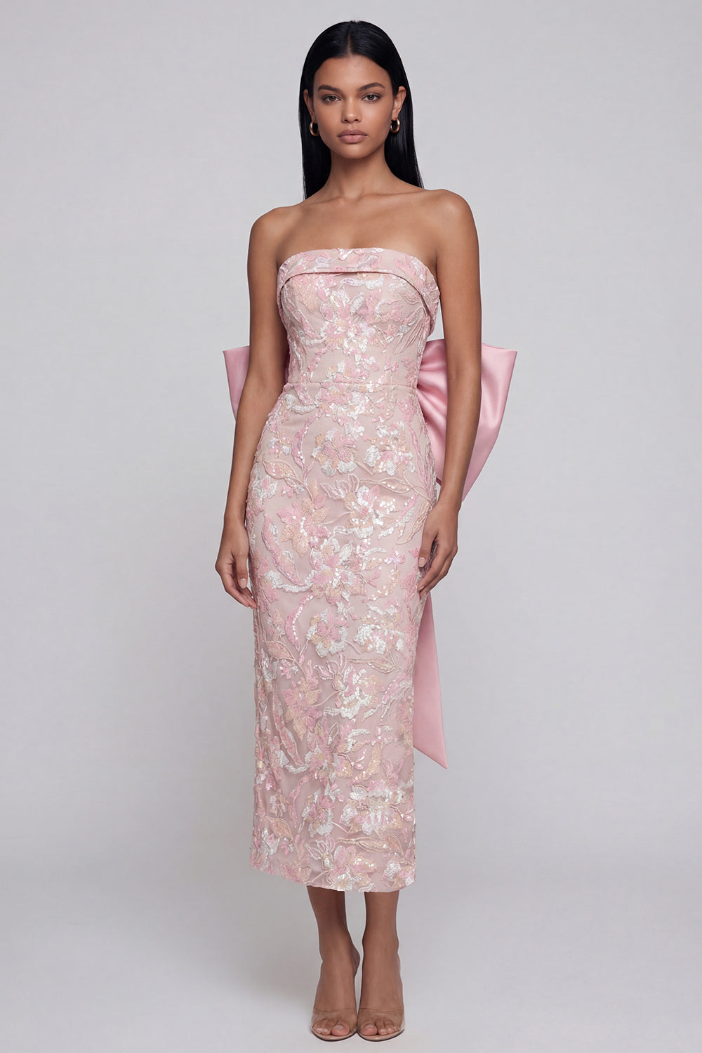 Sparkly Pink Floral Strapless Lace Maxi Wedding Guest Dress with Bow