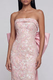 Sparkly Pink Floral Strapless Lace Maxi Wedding Guest Dress with Bow