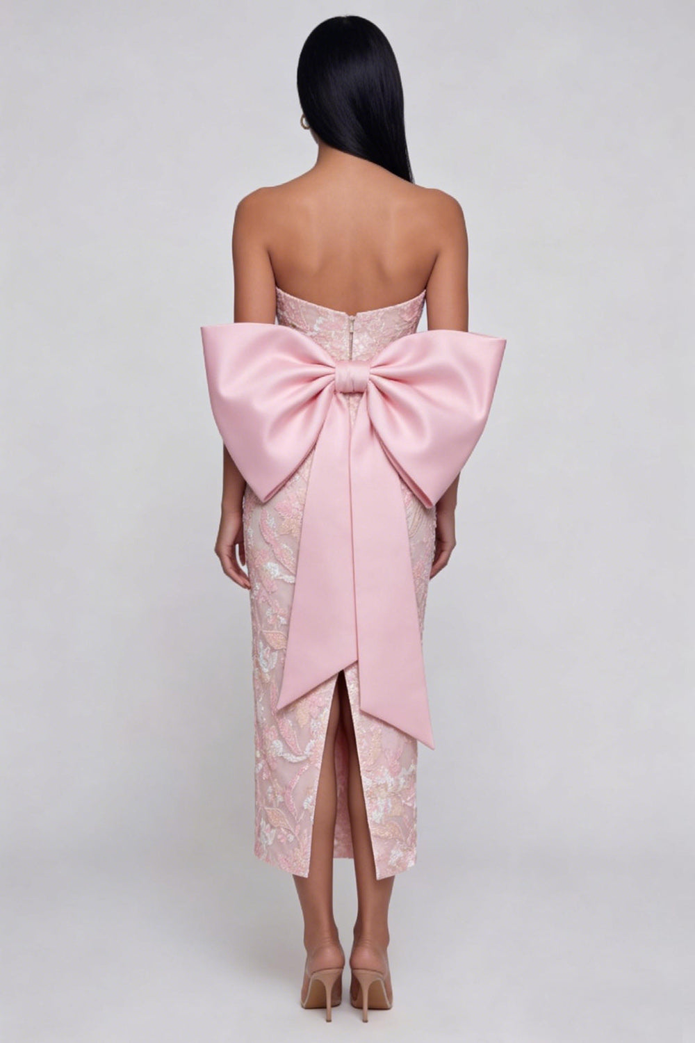 Sparkly Pink Floral Strapless Lace Maxi Wedding Guest Dress with Bow