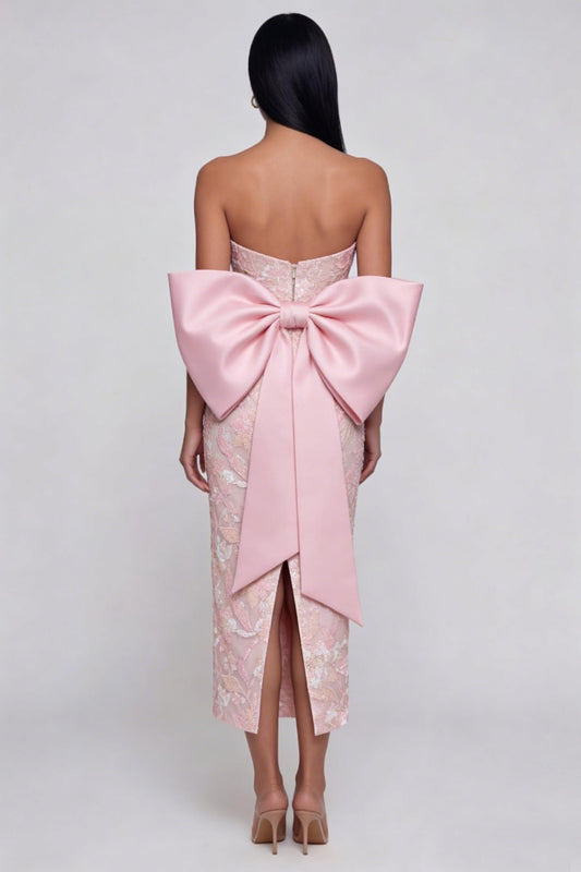 Sparkly Pink Floral Strapless Lace Maxi Wedding Guest Dress with Bow