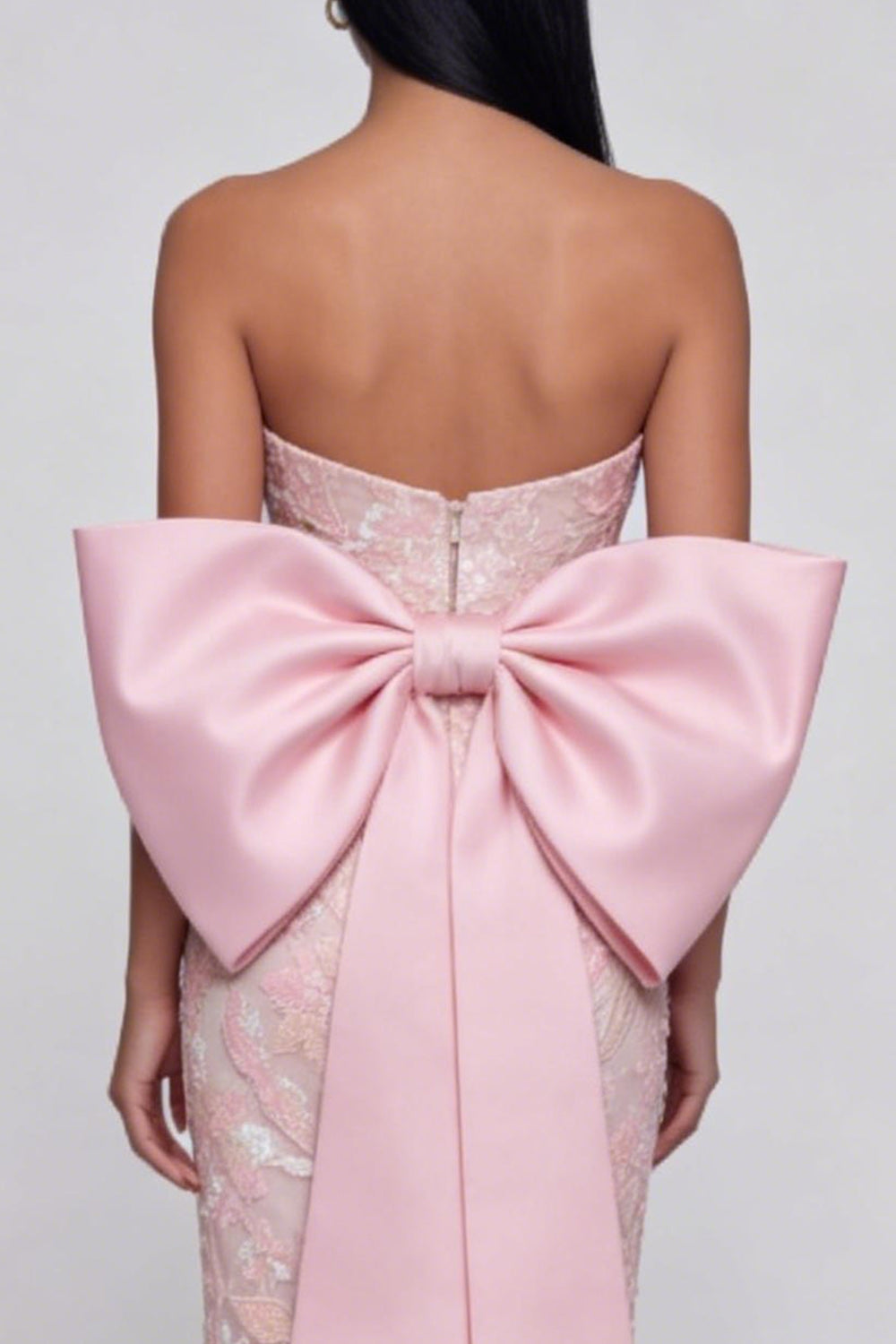 Sparkly Pink Floral Strapless Lace Maxi Wedding Guest Dress with Bow
