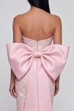 Sparkly Pink Floral Strapless Lace Maxi Wedding Guest Dress with Bow