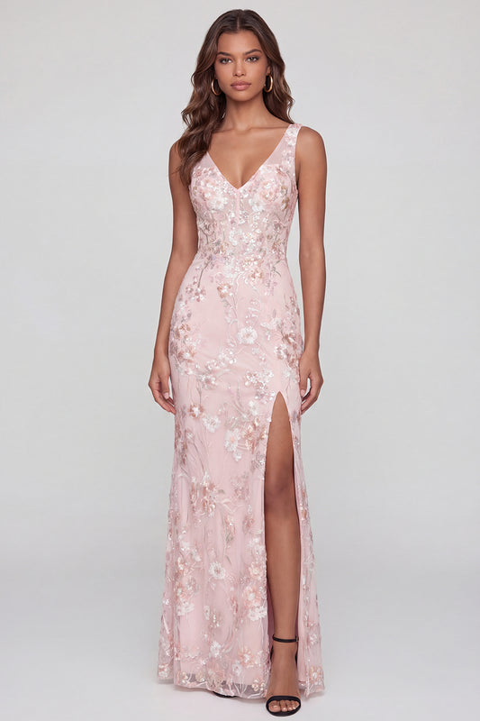 Pink Floral V-Neck Mermaid Long Wedding Guest Dress with Slit