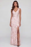 Pink Floral V-Neck Mermaid Long Wedding Guest Dress with Slit