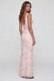 Pink Floral V-Neck Mermaid Long Wedding Guest Dress with Slit