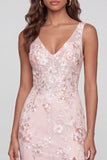 Pink Floral V-Neck Mermaid Long Wedding Guest Dress with Slit
