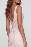 Pink Floral V-Neck Mermaid Long Wedding Guest Dress with Slit