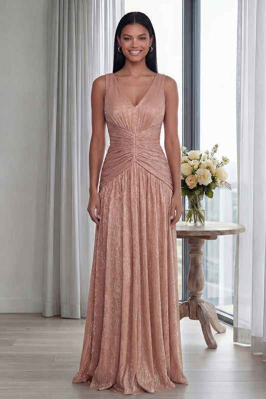 Glitter Dusty Rose V-Neck Sheath Pleated Long Formal Dress