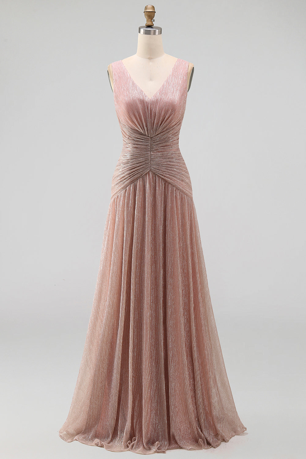 Glitter Dusty Rose V-Neck Sheath Pleated Long Formal Dress