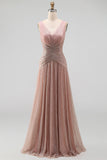 Glitter Dusty Rose V-Neck Sheath Pleated Long Formal Dress