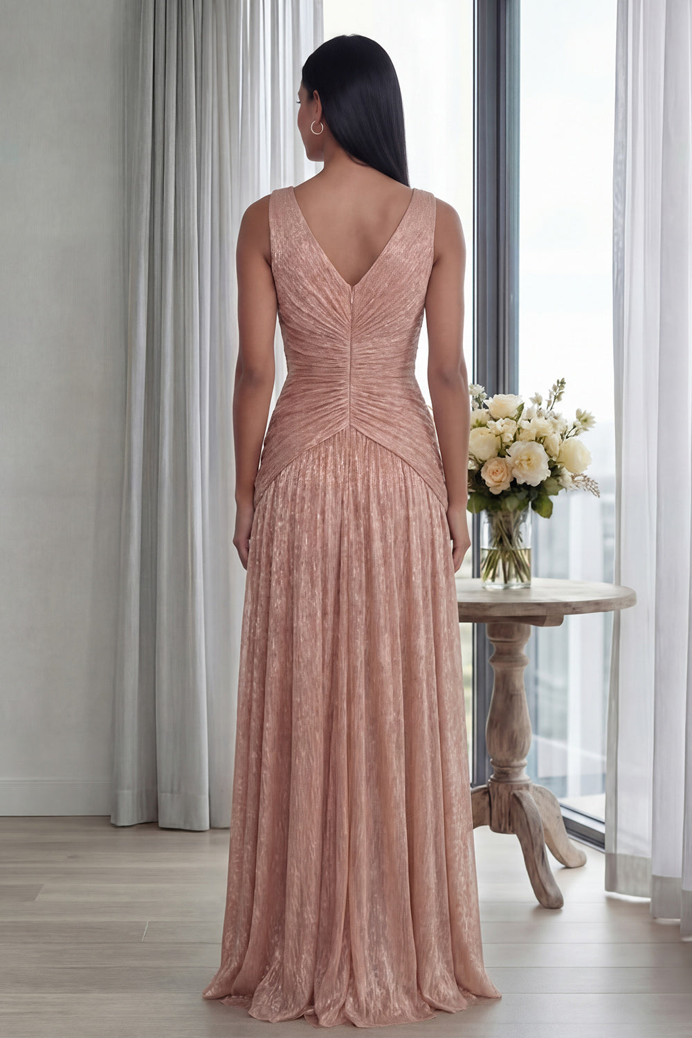 Glitter Dusty Rose V-Neck Sheath Pleated Long Formal Dress