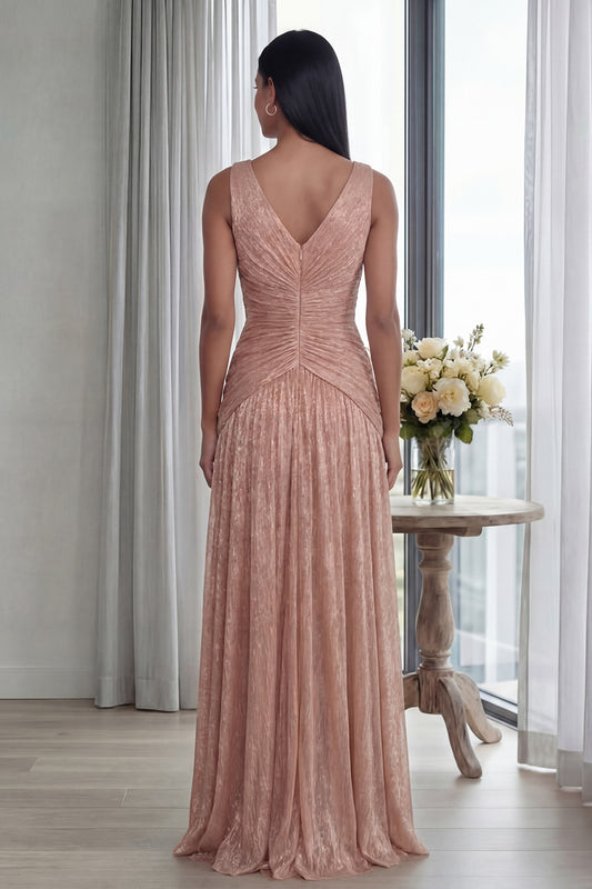Glitter Dusty Rose V-Neck Sheath Pleated Long Formal Dress